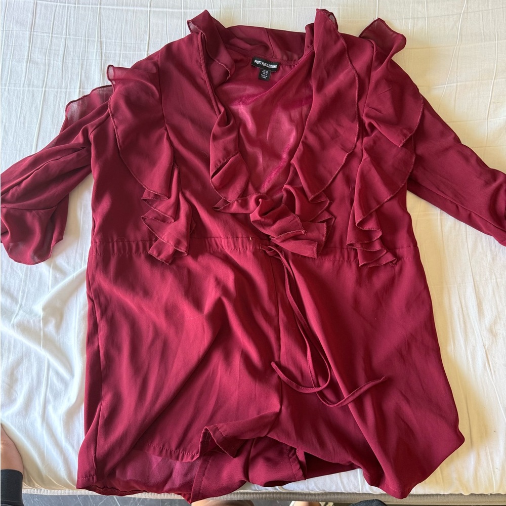 PrettyLittleThing Burgundy Ruffle Blouse